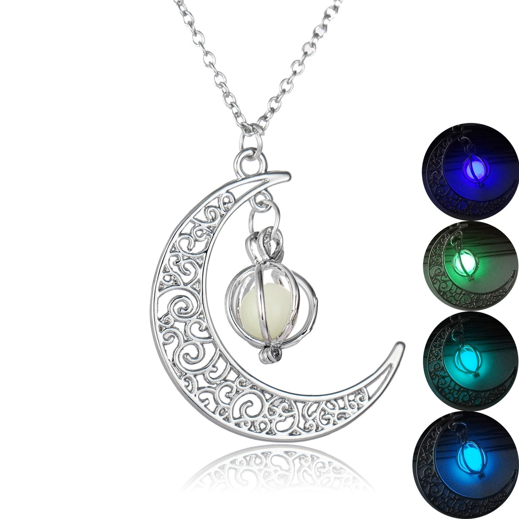 Silver crescent moon charm necklace with glowing blue pendant and chain