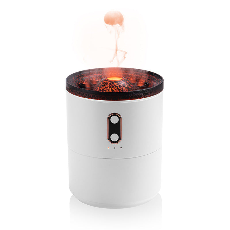 Aroma diffuser humidifier, white cylinder with orange flame glow and mist rising