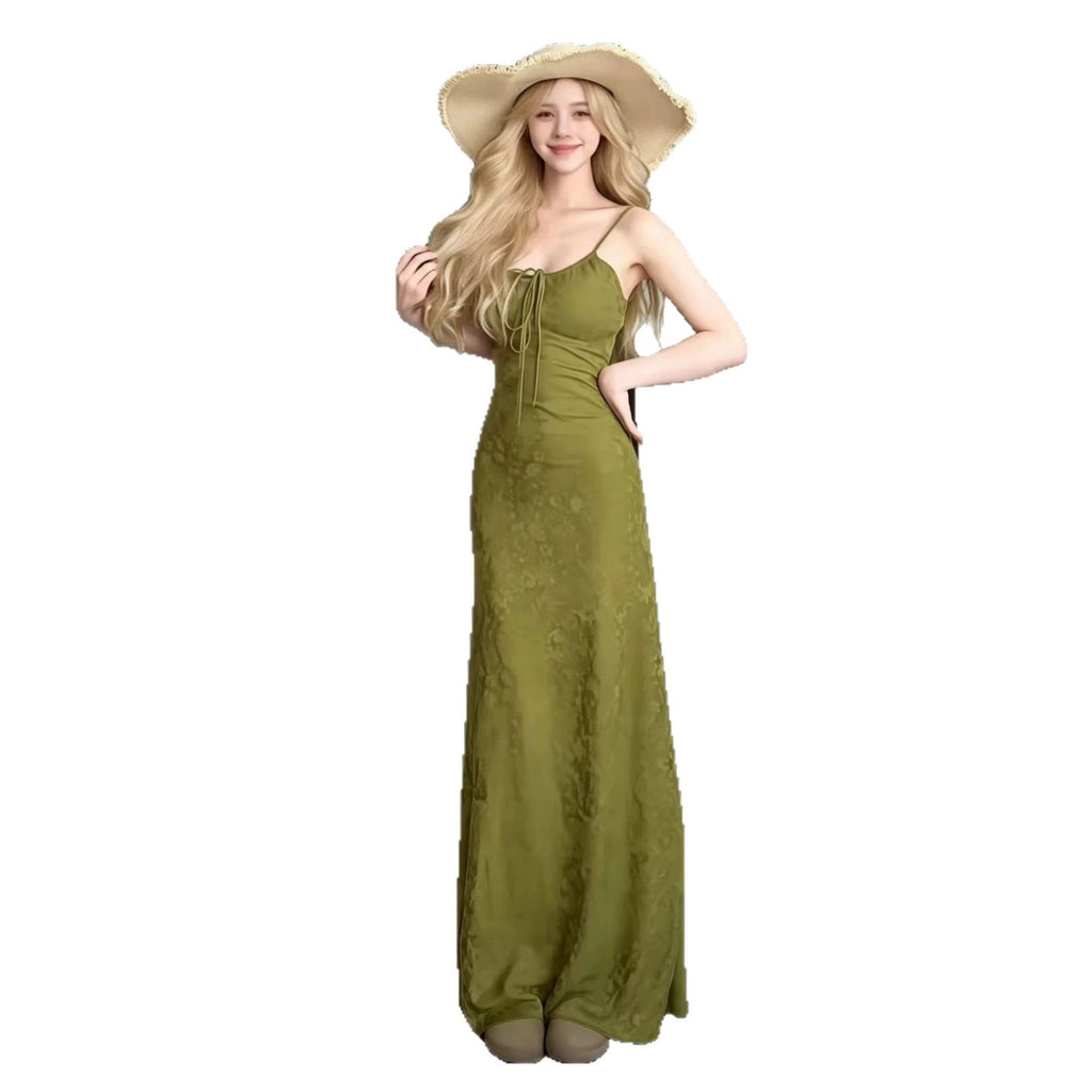 Green maxi strap dress with square neckline and built-in padded bra, full length
