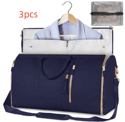 Navy travel duffle bag with tassel zipper pulls, hanging shirt organizer, and mesh pouch