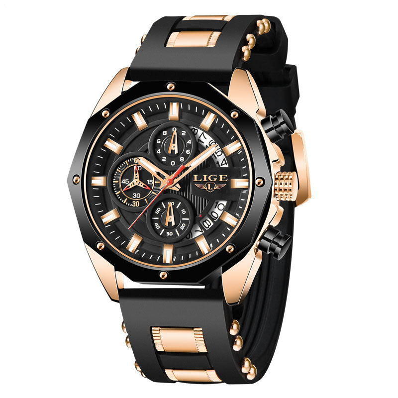 Black silicone sport watch with rose-gold accents and multi-dial chronograph