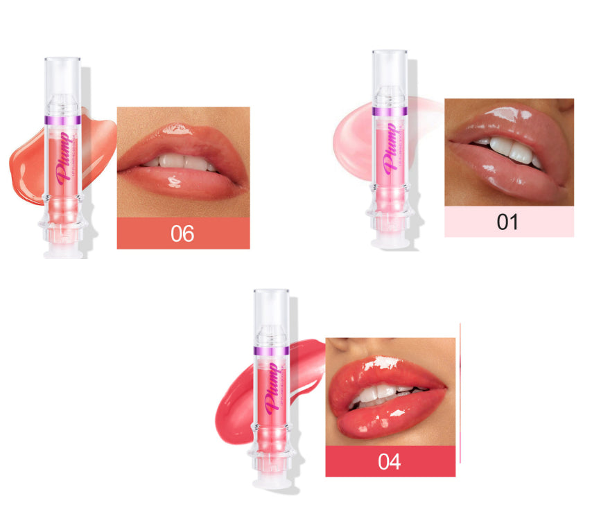 Glossy lip color tube with coral shade 06 and nude pink shade 01 swatches