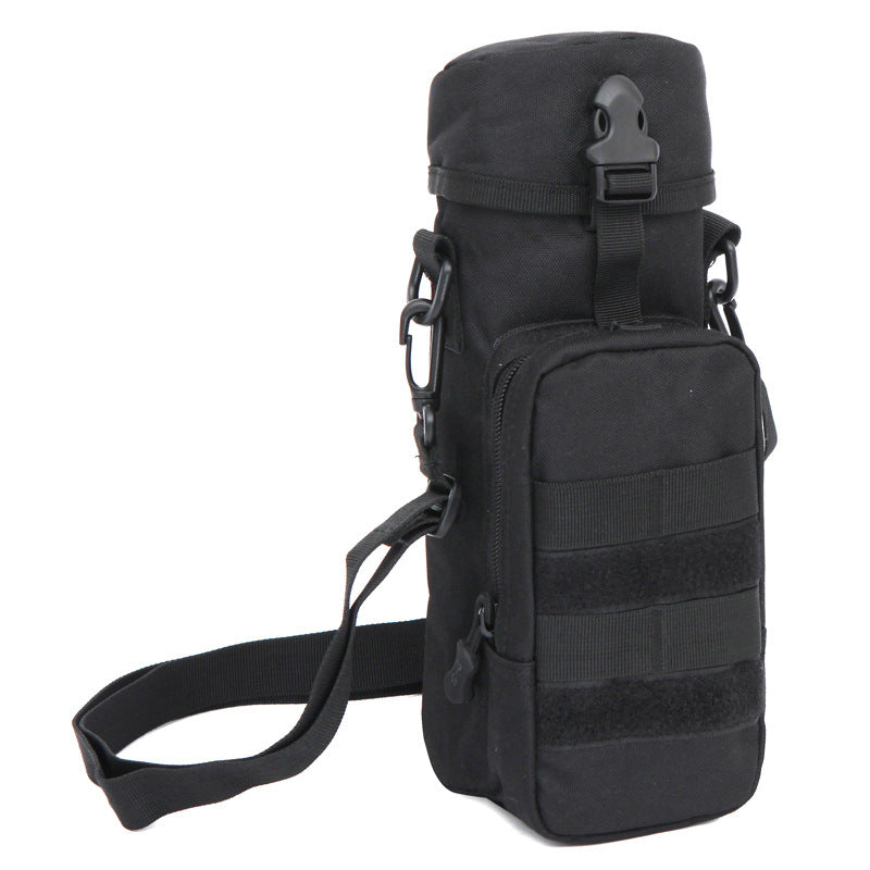 Black water bottle cover bag with top handle loop, webbed side panel, carry strap
