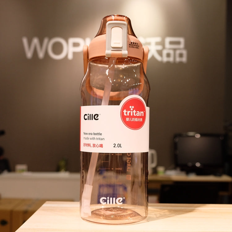 Clear straw water bottle with orange cap and handle, Tritan, 2.0L capacity