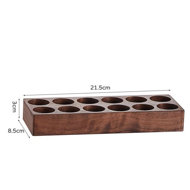 Wooden bean bottle display rack with circular openings, 21.5 cm long