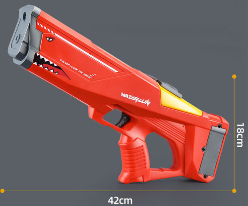 Red automatic burst water gun toy with gray handles and yellow front nozzle.