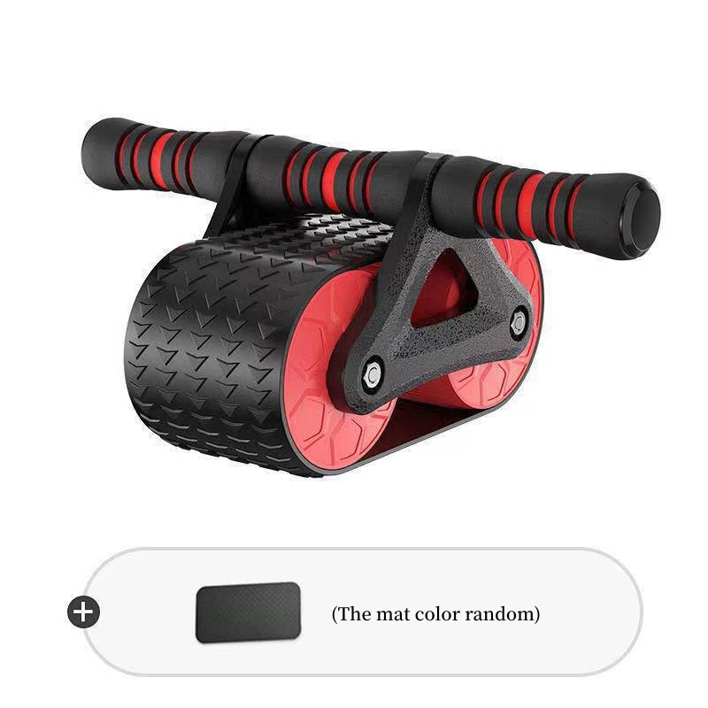 Red double-wheel ab roller with thick kneeling pad and two ribbed hand grips