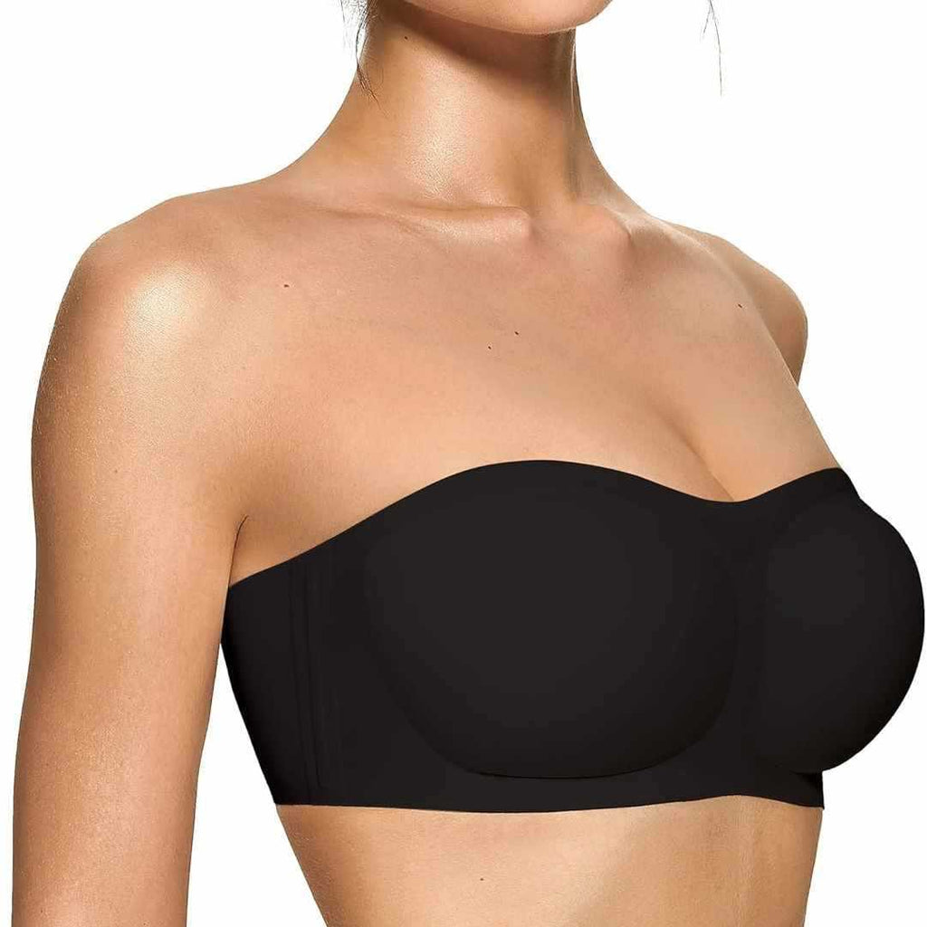 Womens strapless push-up bandeau bra in black with seamless molded cups