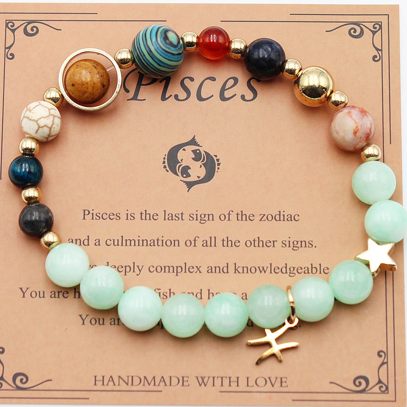 Pisces zodiac beaded bracelet with light green beads and gold star charm