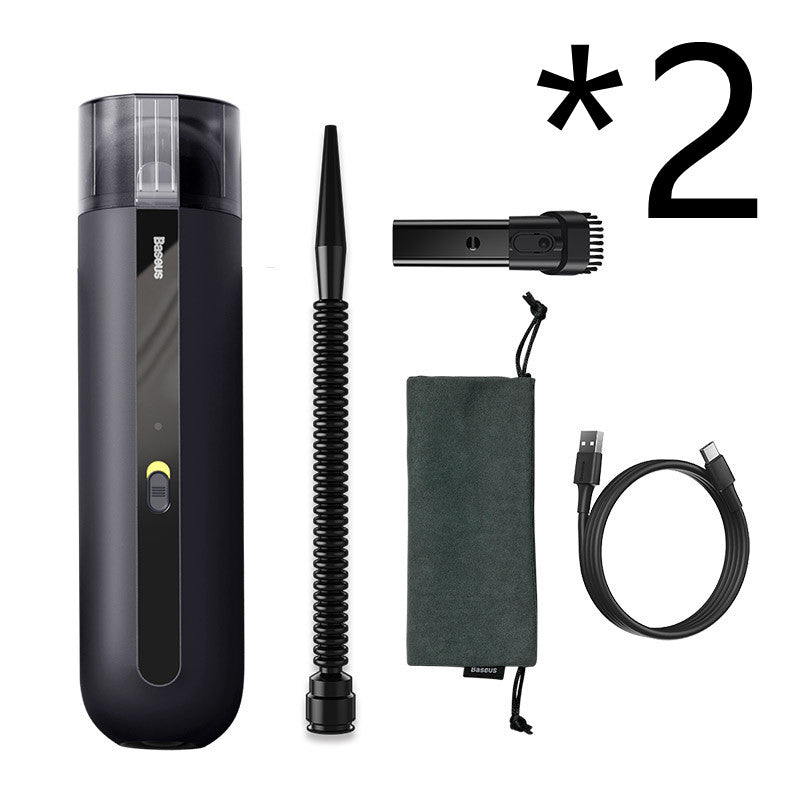 Wireless handheld mini vacuum cleaner set in dark color with nozzle and accessory kit.