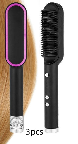 Three-piece hot comb hair brush set: black and purple handles with heated combs