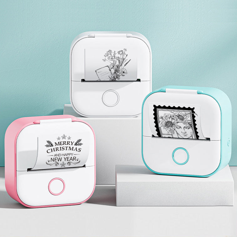 Portable mini thermal label printer with pink and white body, printing label graphic