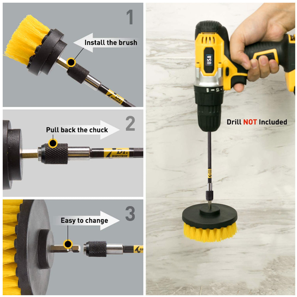 Electric cleaning brush attachment with yellow bristles and drill-ready mounting base