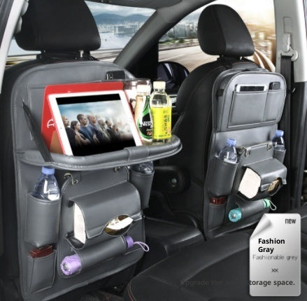 Dark grey PU leather car seat back organizer set with front tray and bottle storage pockets