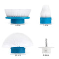Electric drill brush attachment with white bristles, blue ring base, and connector