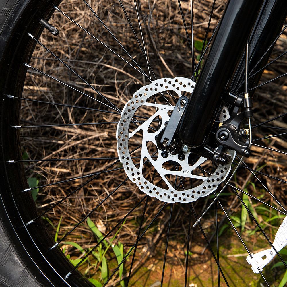 Front disc brake rotor on black fat-tire e-bike wheel, treaded tire detail