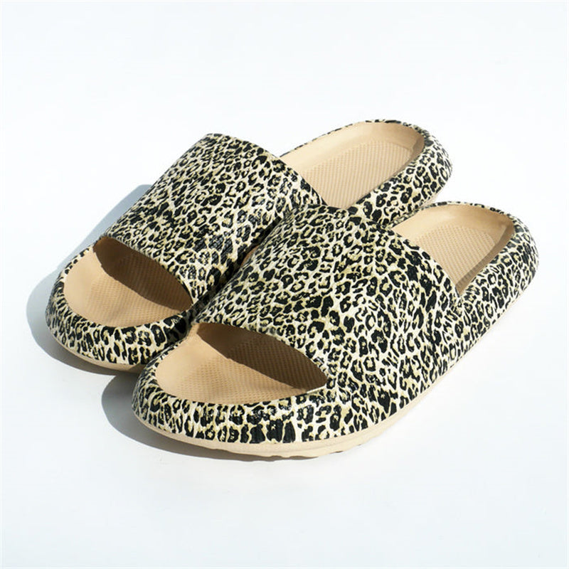 Indoor slide sandals, leopard print fabric straps and open toe