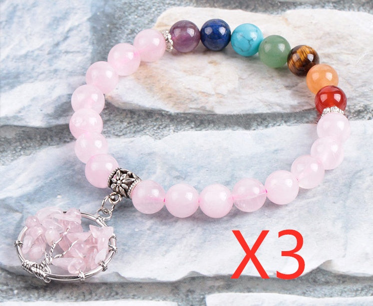 Pink crystal beaded bracelet with multicolor beads and round rose quartz wire pendant