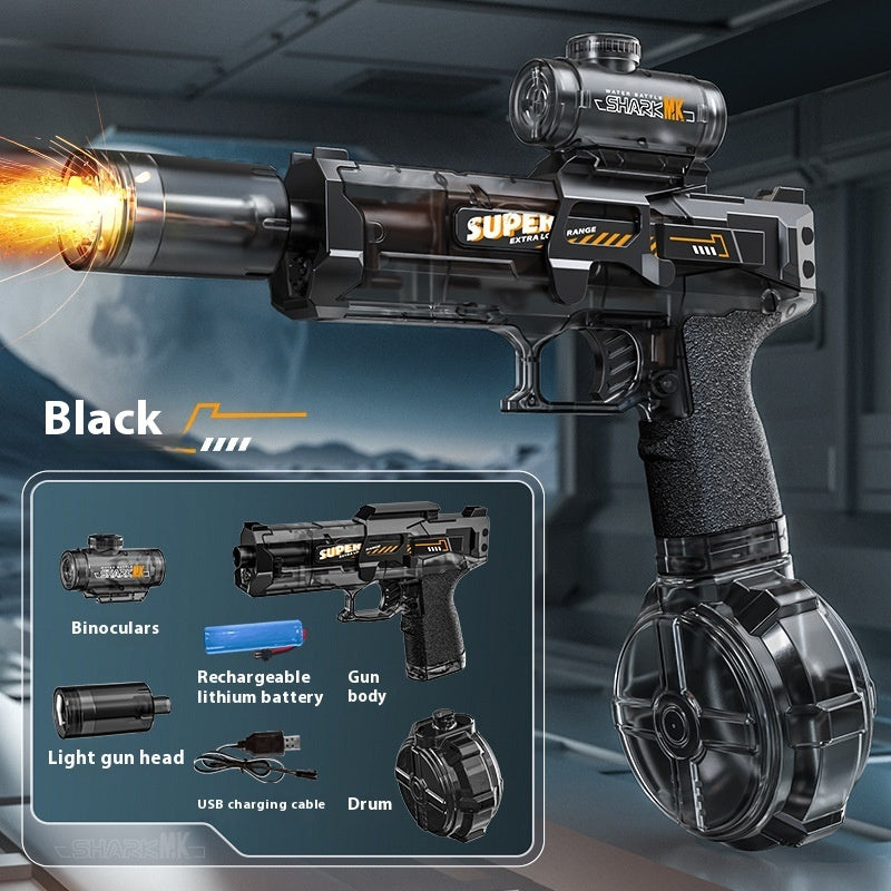 Black electric water gun with clear water drum and launcher barrel detail