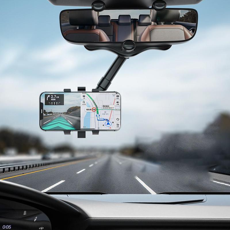 Black rearview mirror phone holder with phone mounted for roadside viewing