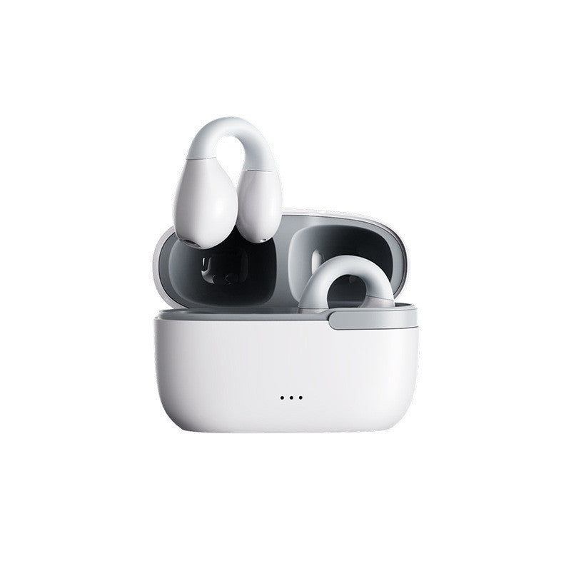 Wireless Bluetooth earbuds in charging case, white earbuds with black tips