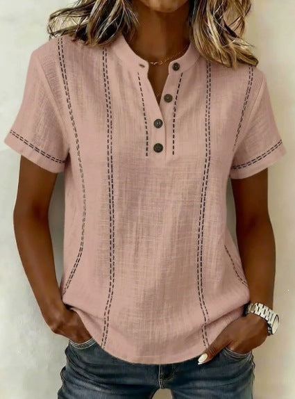 Women’s striped short-sleeve blouse, blush pink with dark vertical stitching, button V-neck