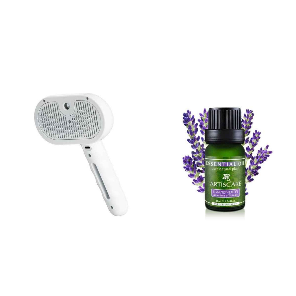 Pet grooming hair remover brush with lavender essential oil bottle