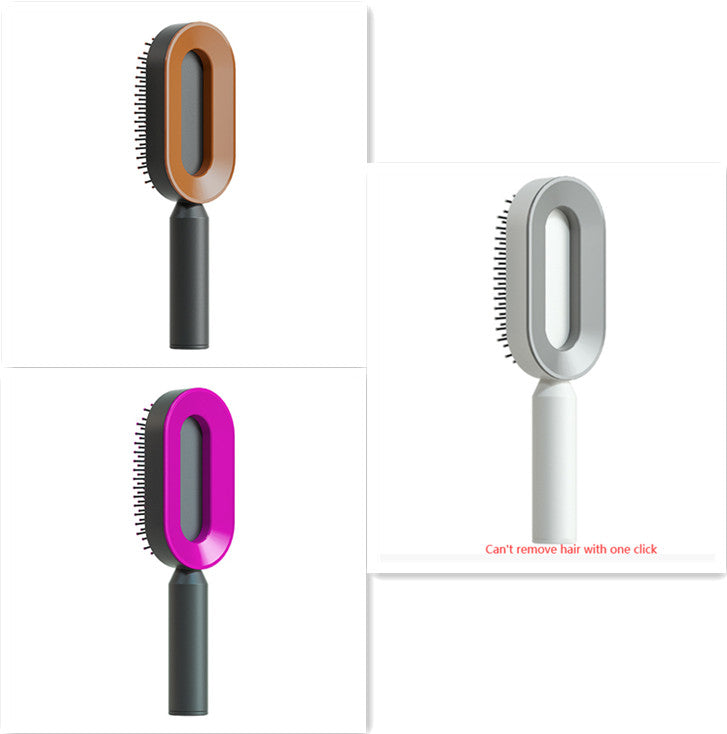 Set of self-cleaning hair brushes with brown, purple, and gray oval heads