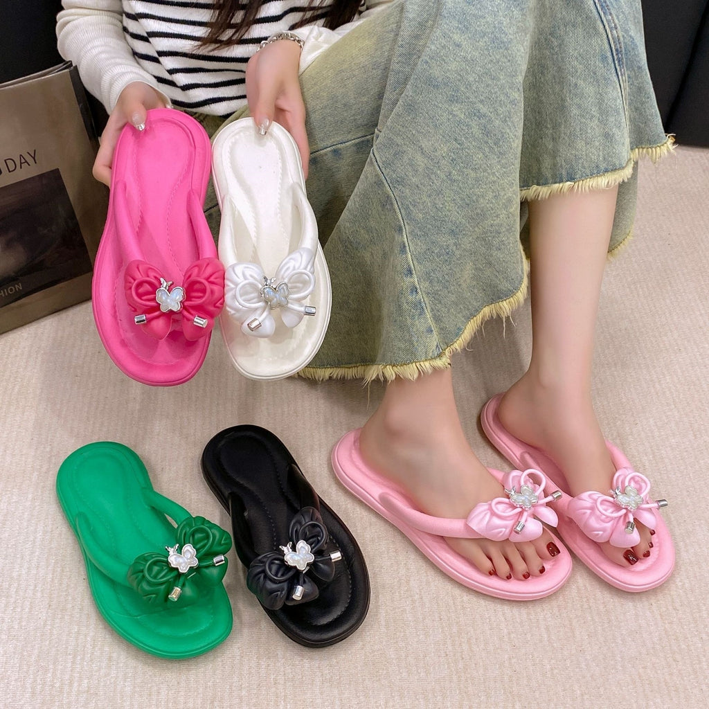 Women’s outdoor slippers, pink slide design with floral butterfly bow accents