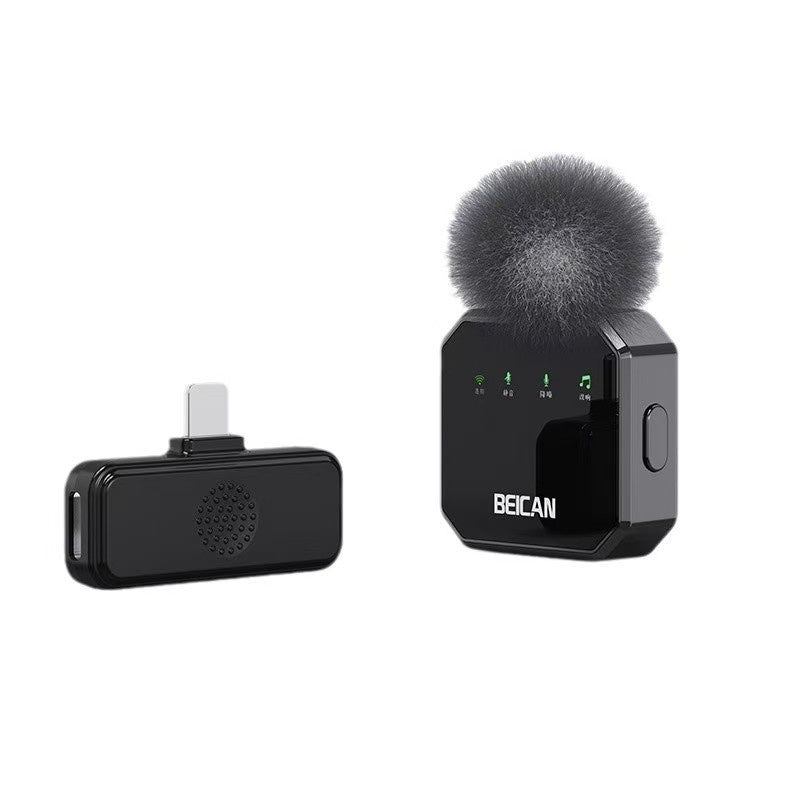 Wireless lavalier microphone set with black clip-on mic and one foam-windscreen receiver