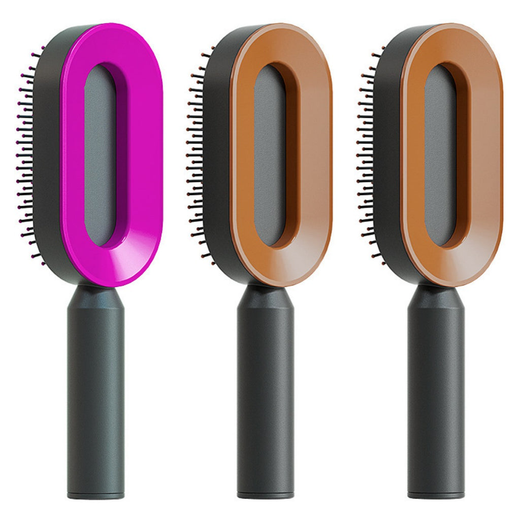 Self-cleaning hair brush set with oval purple and tan cleaning heads and dark handles