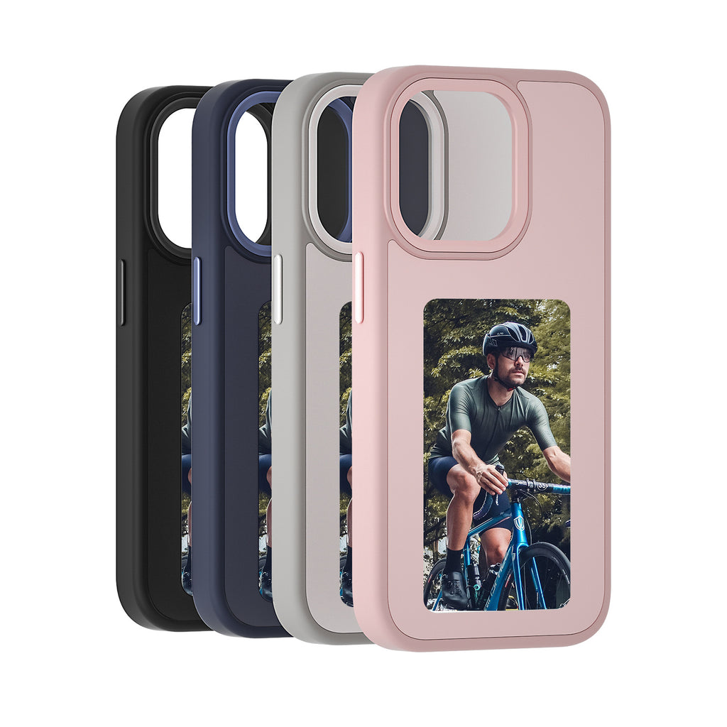 Phone case display screen with portrait art, set of black, navy, gray, and pink cases.