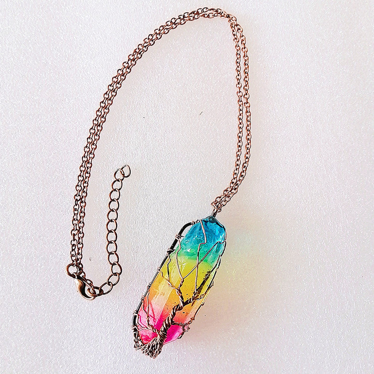 Rainbow crystal pillar pendant necklace with copper-tone chain and wire wrap