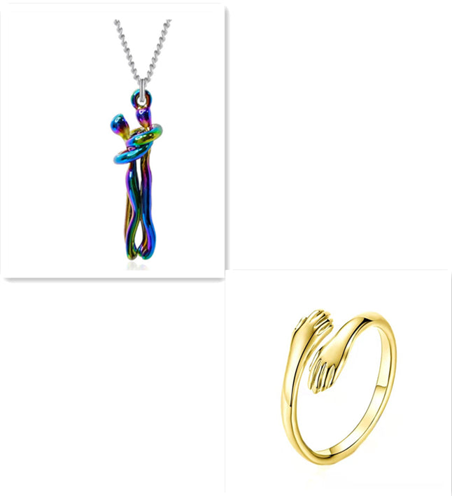 Rainbow hug-pendant necklace with silver chain and gold-tone ring, polished finish