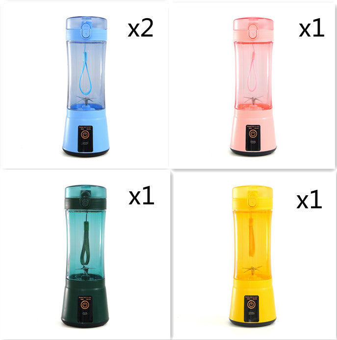 Portable mini blender set with blue, pink, teal, and yellow clear cups and black bases