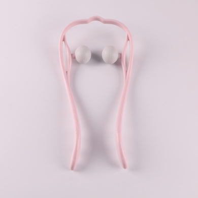 Pink neck massager with two round roller heads on a U-shaped frame