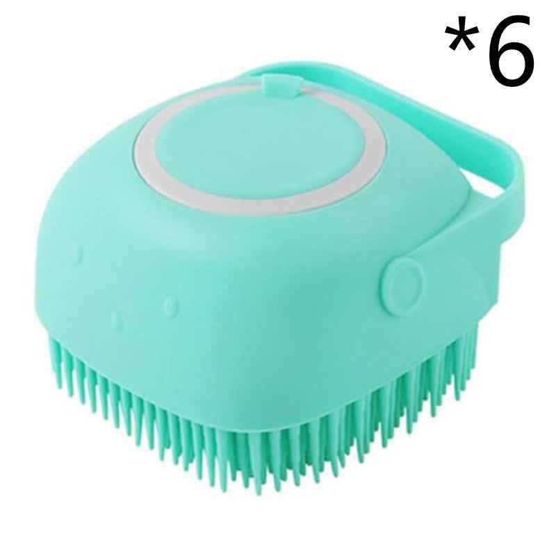 Turquoise silicone pet bath brush with circular lid and flexible bristles