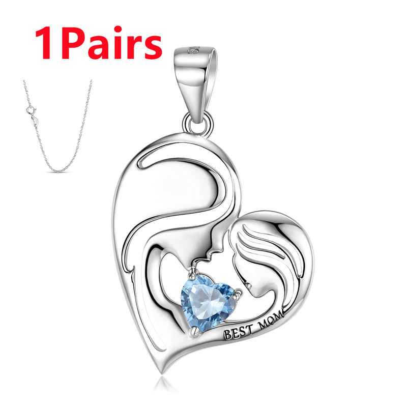 S925 sterling silver heart necklace pendant with blue gemstone and Best Mom engraving