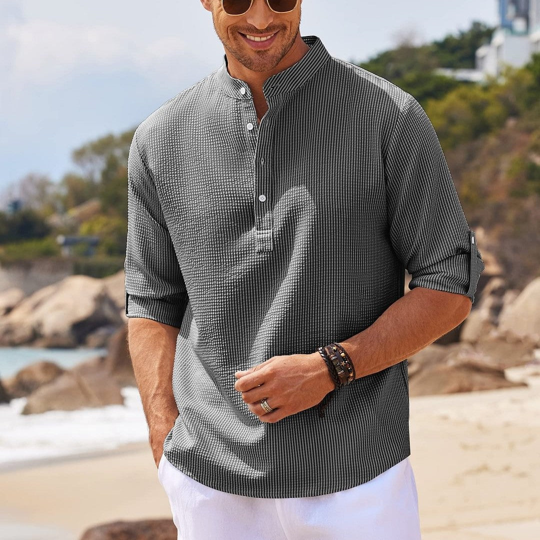 Men's long-sleeve stand-collar shirt in dark gray, button placket
