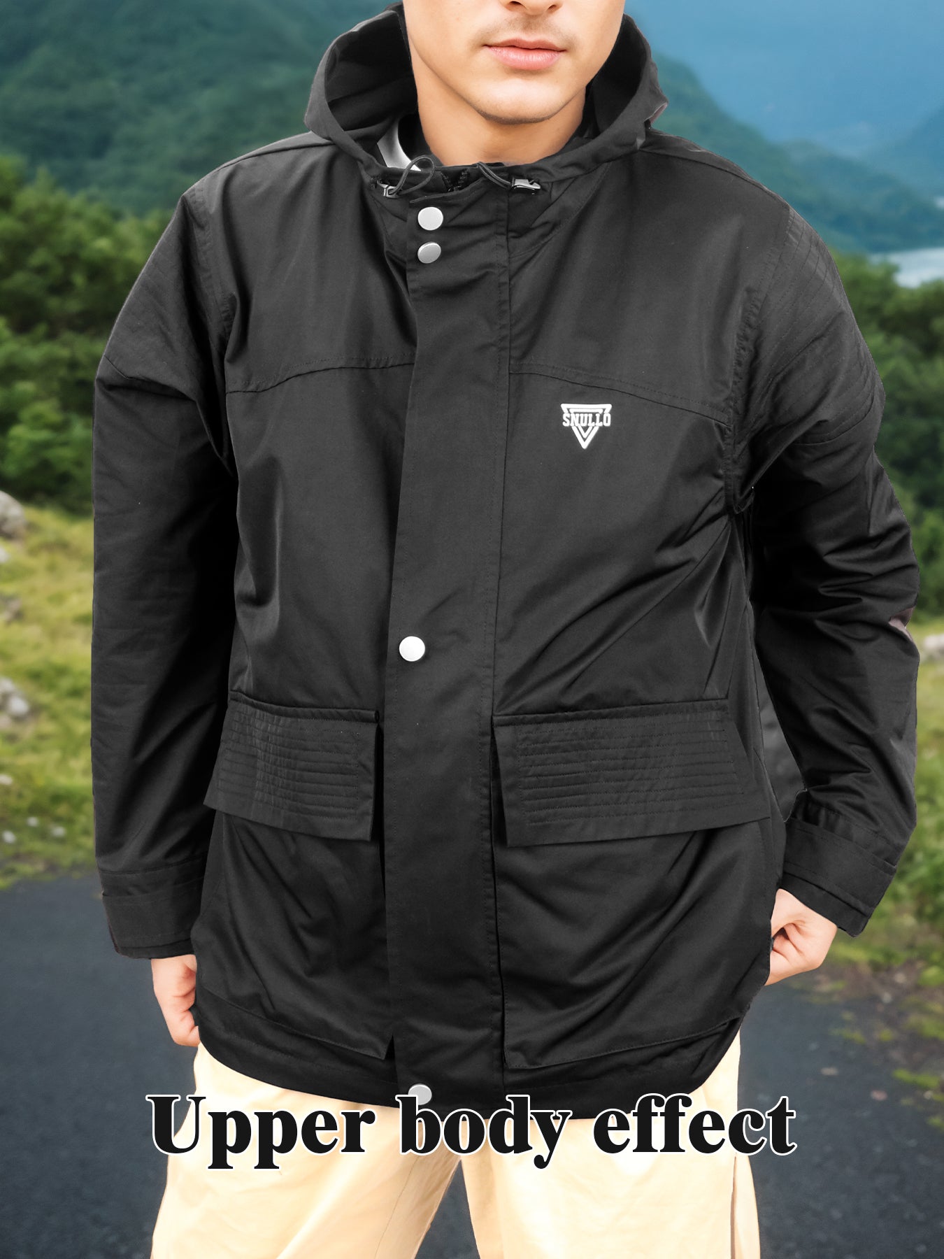 Black hooded rain jacket on model outdoors, front snap buttons and logo patch