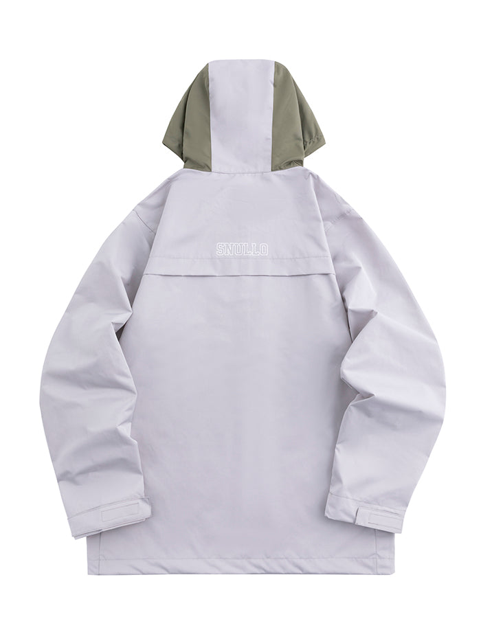 Back view hooded assault suit jacket, white shell with military green hood lining