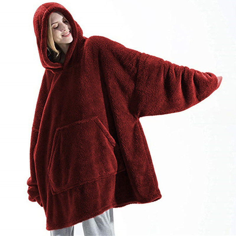 Burgundy fleece hooded pullover sweatshirt with front pocket and loose long sleeves