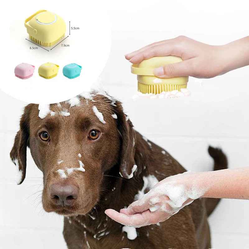 Silicone pet bath massage brush, yellow square/rectangular head with bristles