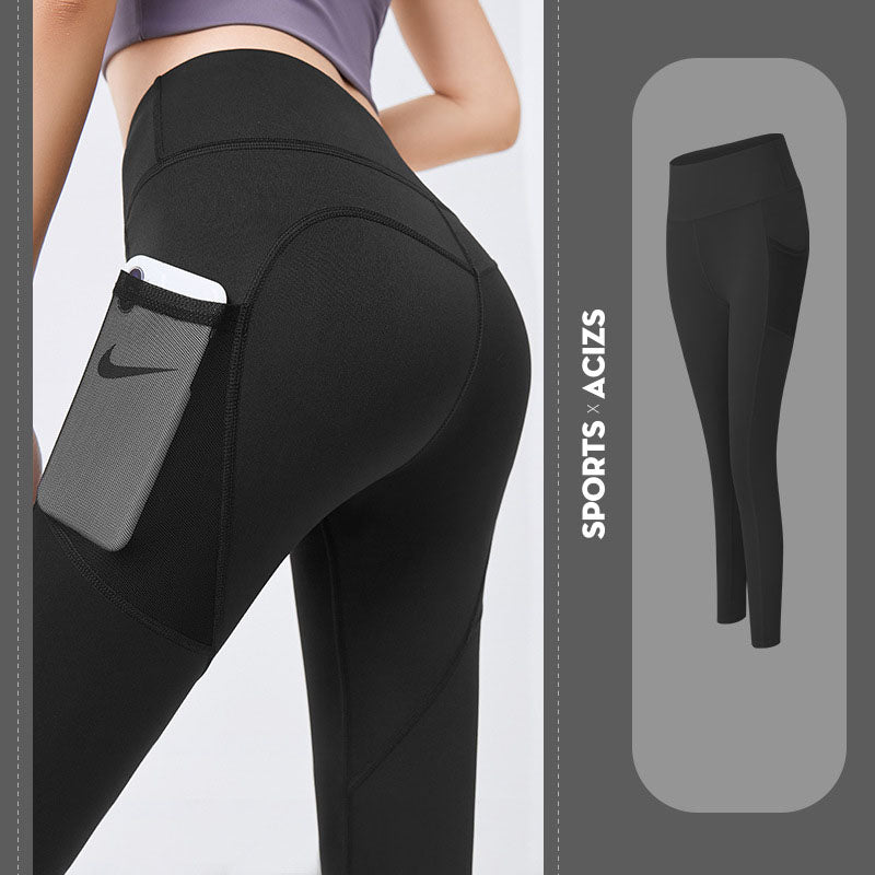 Women’s yoga leggings with phone pocket, black, high-rise back view.
