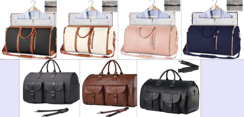 Travel duffle bags in assorted colors with hanging garment organizers and removable storage pouches