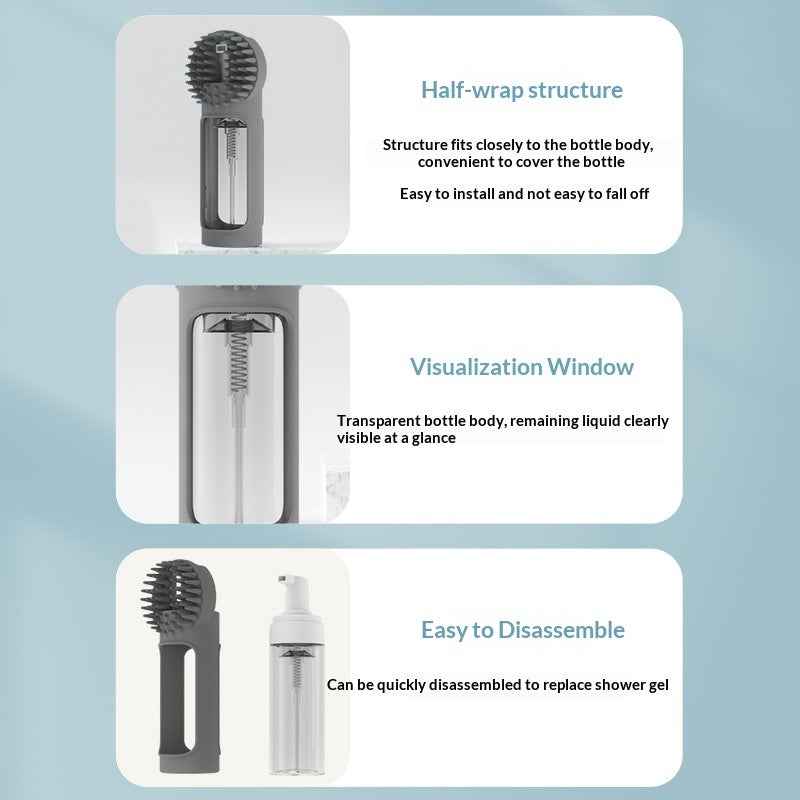 Pet bath brush with gray dispenser body and transparent liquid window feature