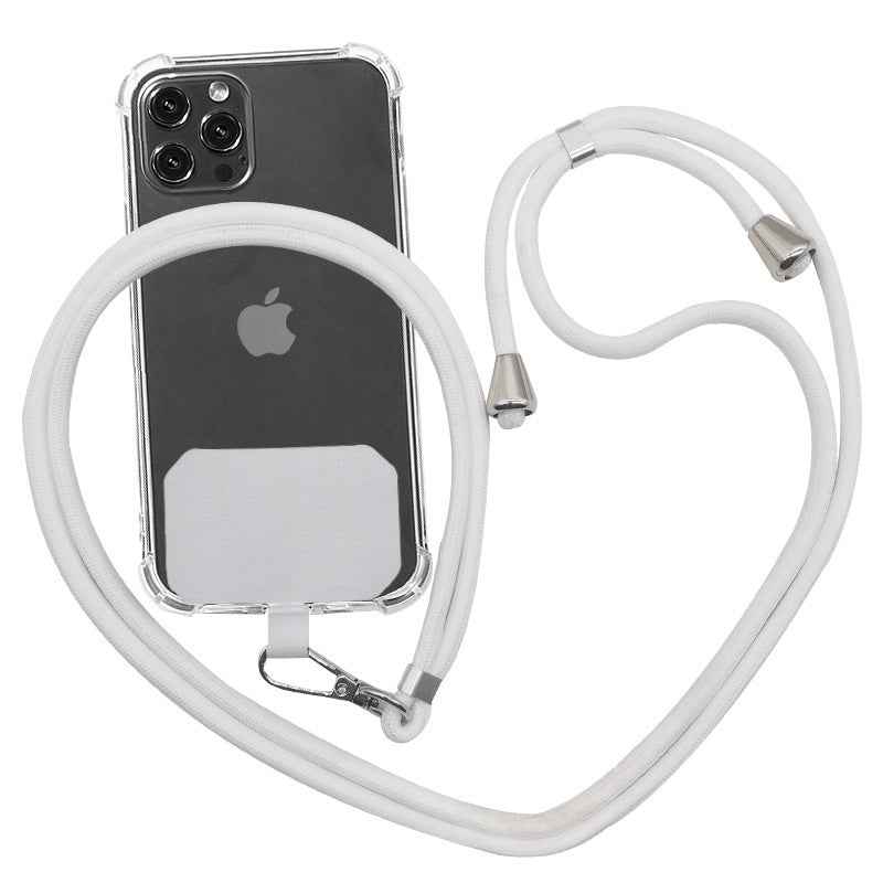 Phone lanyard strap with white rope and metal clips for holding a phone securely