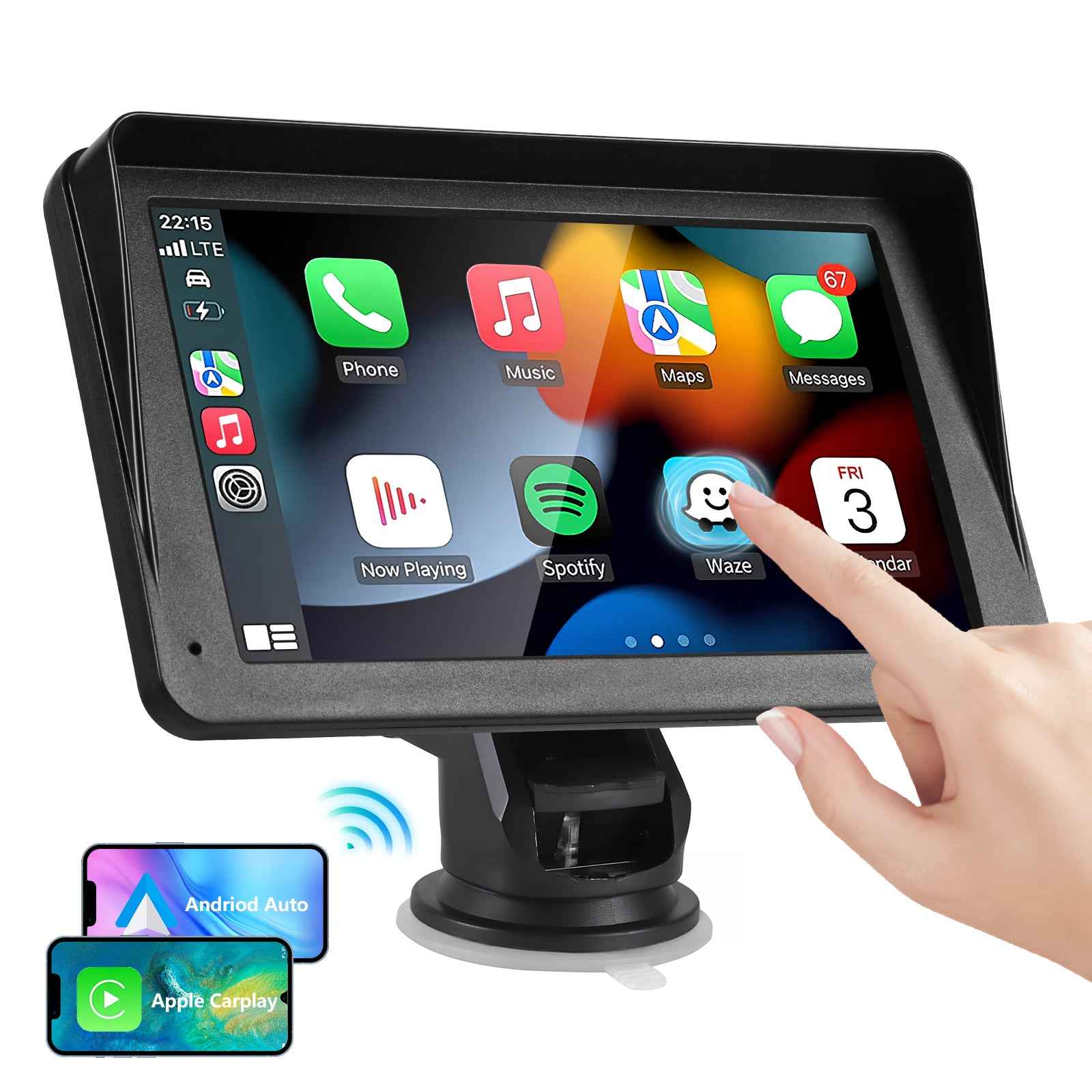 Portable car stereo touchscreen with colorful app icons; finger touching the display