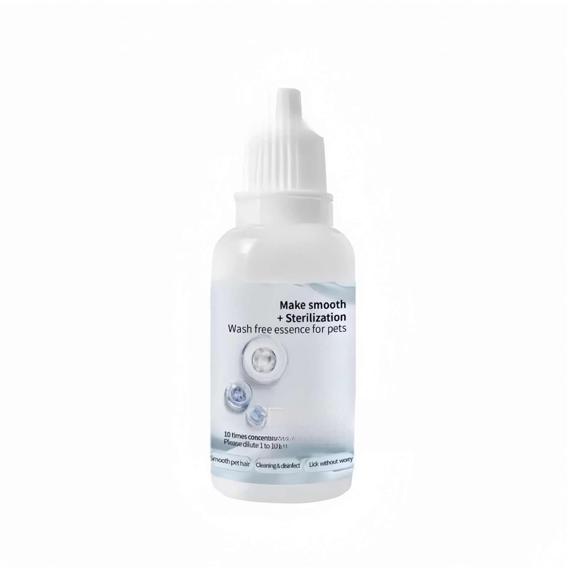 Pet grooming spray essence bottle with white nozzle and clear liquid