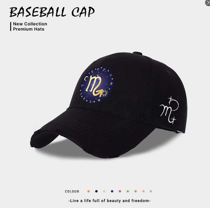 Black baseball cap with blue-and-gold zodiac emblem on front, white side zodiac glyph